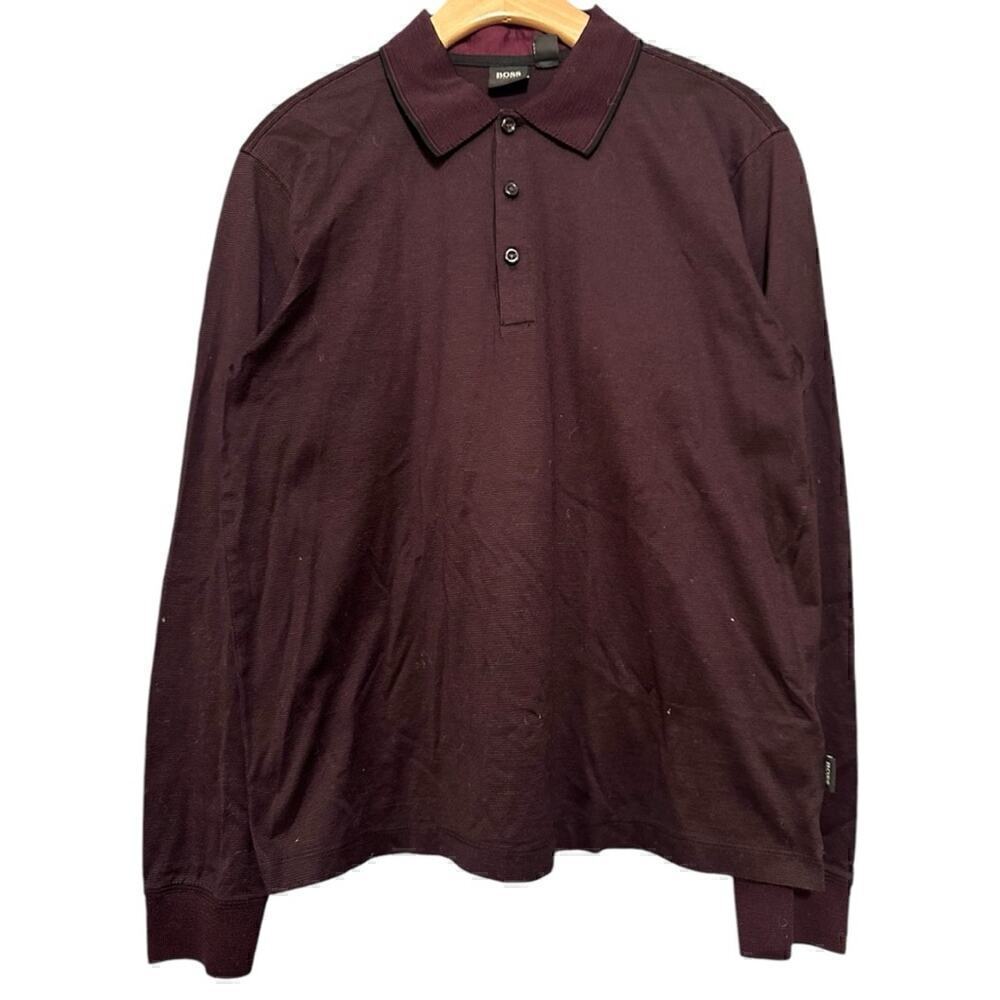 Boss Hugo Boss Mens Size S Plum Black Micro Stripe Cotton Long Sleeve Polo Shirt - Picture 3 of 9